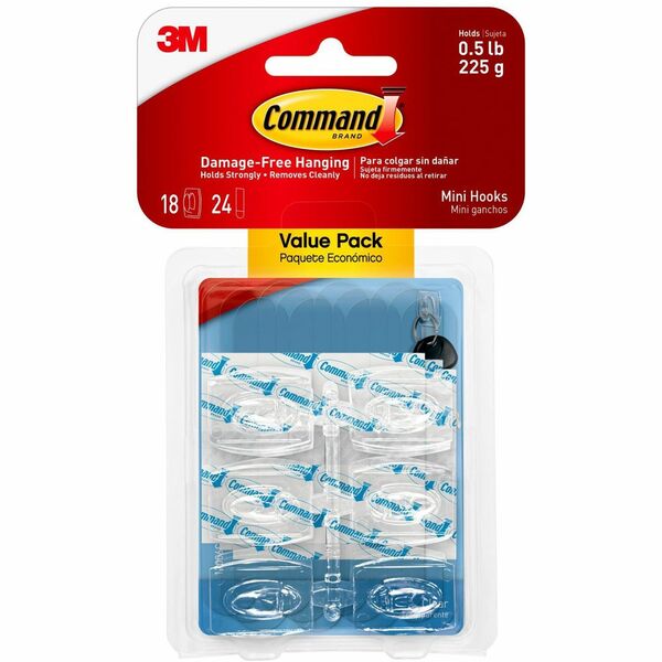 Command Mini Clear Hooks with Clear Strips - 7.94 oz (225 g) Capacity - 1.1" Height - 0.9" Width - 1.1" Length - Plastic - Clear - 18 / Pack