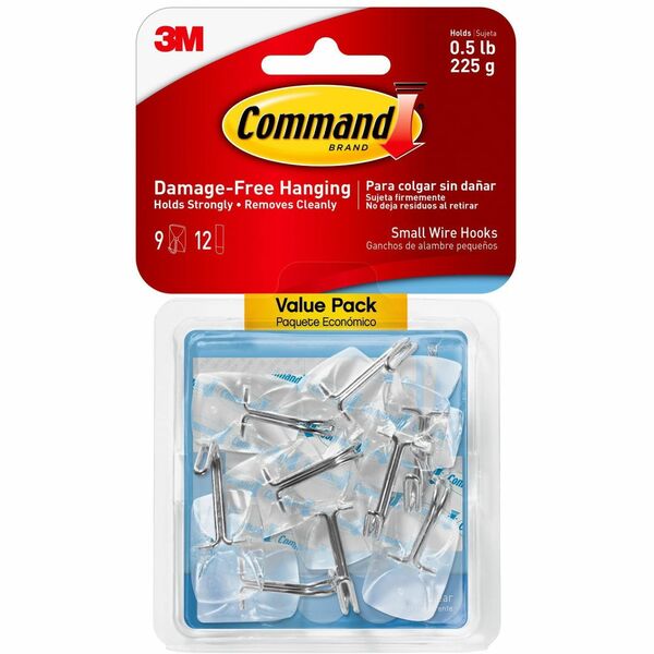 Command Small Wire Hooks - 9 Small Hook - 8 oz (226.8 g) Capacity - 0.8" Width - 1.6" Length - for Utensil, Pictures, Mirror - Clear - 9 / Pack