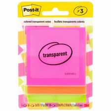 Post-it® Transparent Notes - Square - 36 Sheets per Pad - Pink, Green, Orange - Sticky, Repositionable, Adhesive, Removable - 3 / Pack