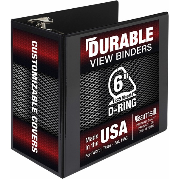 Samsill Durable View Binder - 6" Binder Capacity - Letter - 8 1/2" x 11" Sheet Size - 1225 Sheet Capacity - D-Ring Fastener(s) - 2 Internal Pocket(s) - Polypropylene, Chipboard - Black - 2.73 lb - Recycled - Clear Overlay, Locking Ring, Acid-free, Archival-safe, Heavy Duty - 1 Each