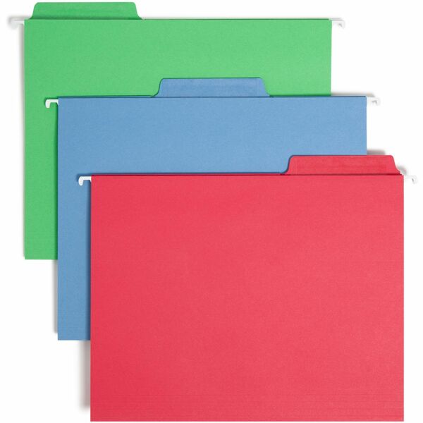 Smead FasTab 1/3 Tab Cut Letter Recycled Hanging Folder - 8 1/2" x 11" - Top Tab Location - Assorted Position Tab Position - Blue, Green, Red - 10% Paper Recycled - 18 / Box