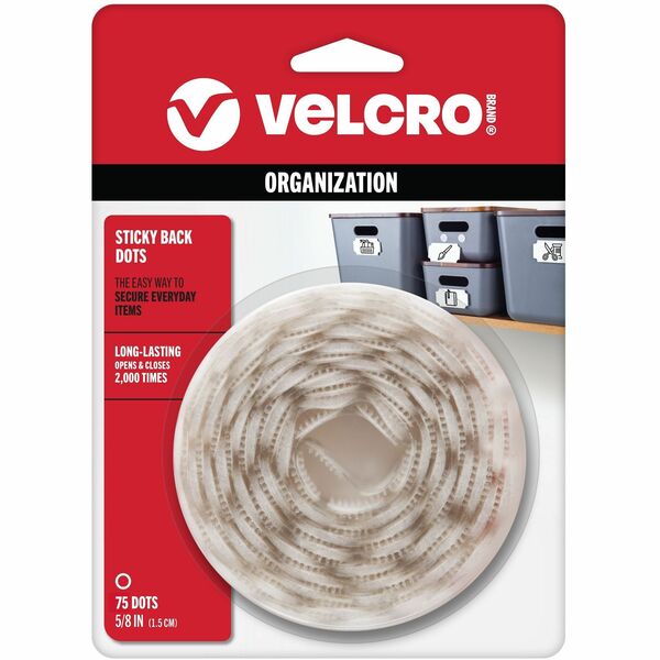 VELCRO® 90090 General Purpose Sticky Back - 0.63" Dia - Adhesive Backing - Dispenser Included - For Glass, Metal, Plastic, Wood, Tile - 75 / Carton - White