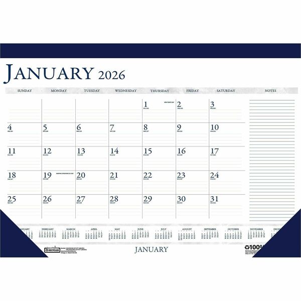 House of Doolittle Blue/Gray Print Monthly Desk Pad - Julian Dates - Monthly - 12 Month - January 2025 - December 2025 - 1 Month Single Page Layout - 22" x 17" Sheet Size - 2.37" x 1.87" Block - Desk Pad - Blue - Paper - 1 Each
