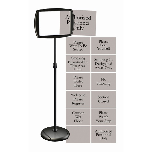 MasterVision Interchangeable Floor Pedestal Sign - 1 Each - Please Wait To Be Seated, Authorized Personnel Only, Please Watch Your Step, Please Seat Yourself, Smoking In Designated Areas Only, Smoking Permitted In This Area Only, Welcome Please Register, No Smoking, Caution Wet Floor, Section Closed Print/Message - 15" Width x 63" Height x 11" Depth - Rectangular Shape - Indoor, Outdoor - Metal - Black