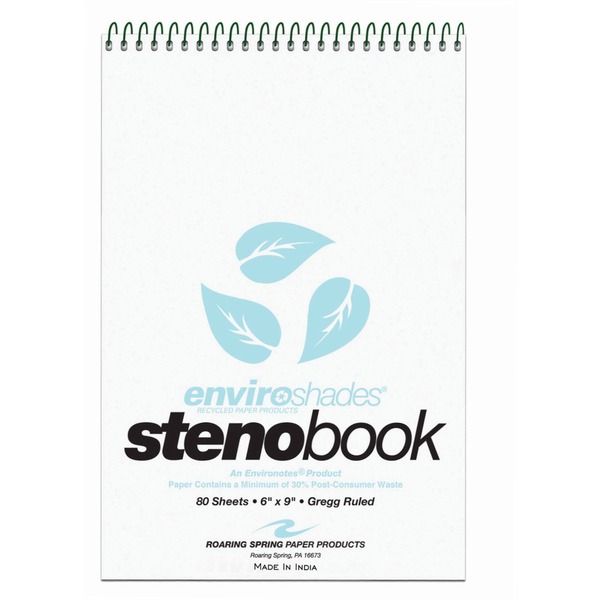 Roaring Spring Enviroshades Recycled Spiral Steno Memo Book - 80 Sheets - 160 Pages - Printed - Spiral Bound - Both Side Ruling Surface - Gregg Ruled Red Margin - 15 lb Basis Weight - 56 g/m² Grammage - 9" x 6" - 1.25" x 6" x 9" - Blue Paper - Black Binding - Board Cover - Recycled - 4 / Pack