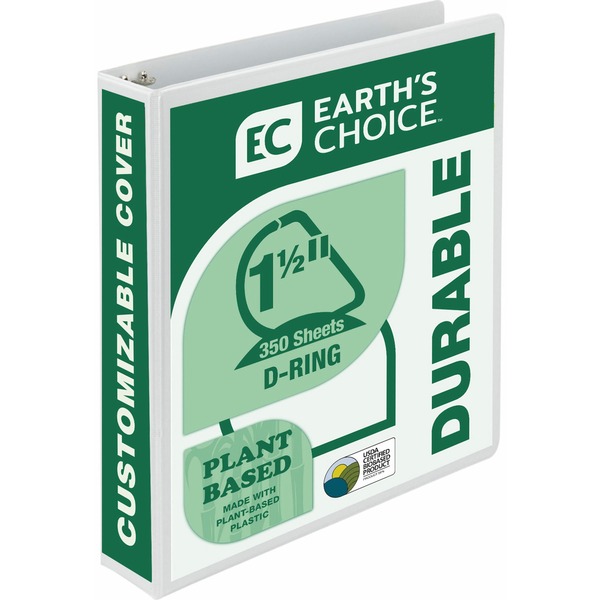 Samsill Earth's Choice Plant-based Durable View Binder - 1 1/2" Binder Capacity - Letter - 8 1/2" x 11" Sheet Size - 350 Sheet Capacity - D-Ring Fastener(s) - 2 Pocket(s) - Plastic, Chipboard - White - 1.07 lb - Recycled - Archival-safe, Clear Overlay, PVC-free, Acid-free, Customizable Spine/Cover, Reusable - 1 Each