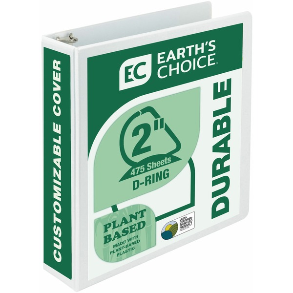 Samsill Earth's Choice Plant-based Durable View Binder - 2" Binder Capacity - Letter - 8 1/2" x 11" Sheet Size - 475 Sheet Capacity - D-Ring Fastener(s) - 2 Pocket(s) - Plastic, Chipboard - White - 1.13 lb - Recycled - Archival-safe, Clear Overlay, Reusable, Acid-free, PVC-free, Customizable Spine/Cover - 1 Each