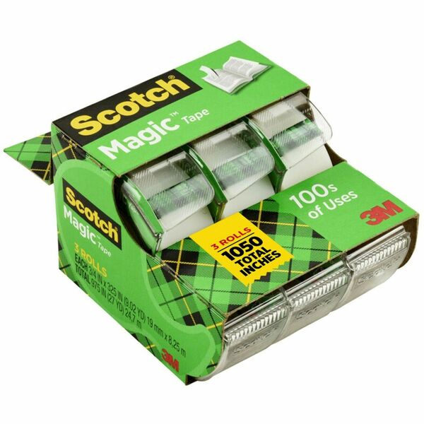 Scotch 3-Roll Tape Caddy - 25 ft Length x 0.75" Width - 1" Core - Permanent Adhesive Backing - Dispenser Included - Handheld Dispenser - For Mending, Splicing - 3 / Pack - Clear