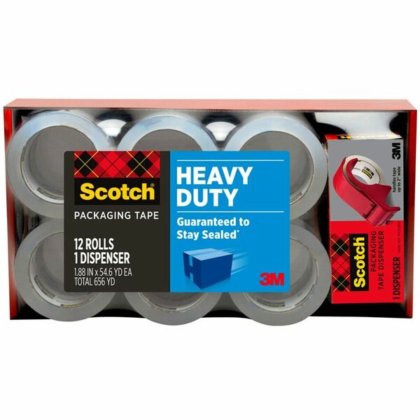 Scotch Heavy-Duty Shipping/Packaging Tape - 54.60 yd Length x 1.88" Width - 3.1 mil Thickness - 3" Core - Synthetic Rubber Resin Backing - Dispenser Included - Handheld Dispenser - Breakage Resistance - For Mailing, Moving, Shipping, Packing - 12 / Pack - Clear