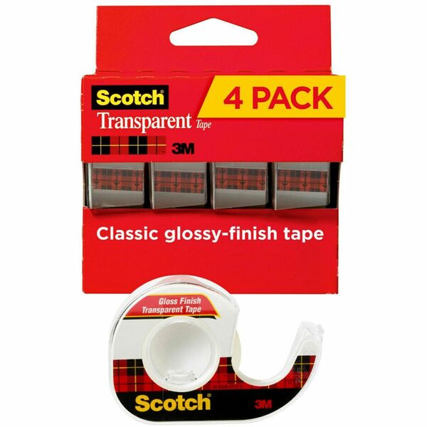 Scotch Transparent Tape - 23.61 yd Length x 0.75" Width - 1" Core - Dispenser Included - Handheld Dispenser - Stain Resistant, Moisture Resistant, Long Lasting - For Sealing, Label Protection, Wrapping, Mending - 4 / Pack - Clear