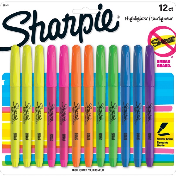 Sharpie Accent Highlighter - Pocket - Chisel, Narrow Marker Point Style - Fluorescent Yellow, Fluorescent Green, Fluorescent Pink, Blue, Fluorescent Orange, Lavender - 12 / Pack