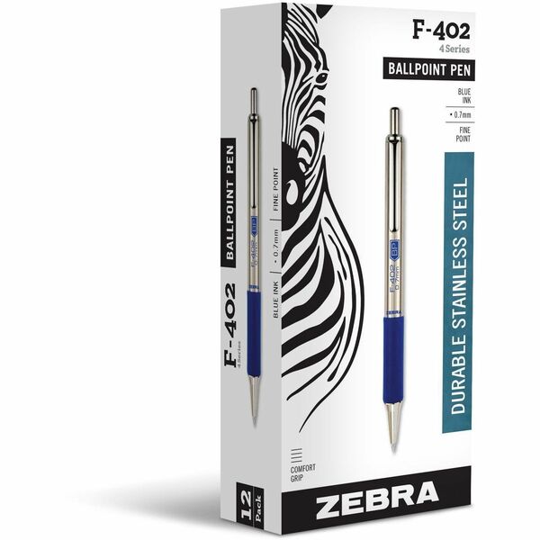 Zebra Pen F-402 Retractable Ballpoint Pen - Fine Point - 0.7 mm Pen Point Size - Refillable - Retractable - Blue - Stainless Steel Barrel - 1 / Each