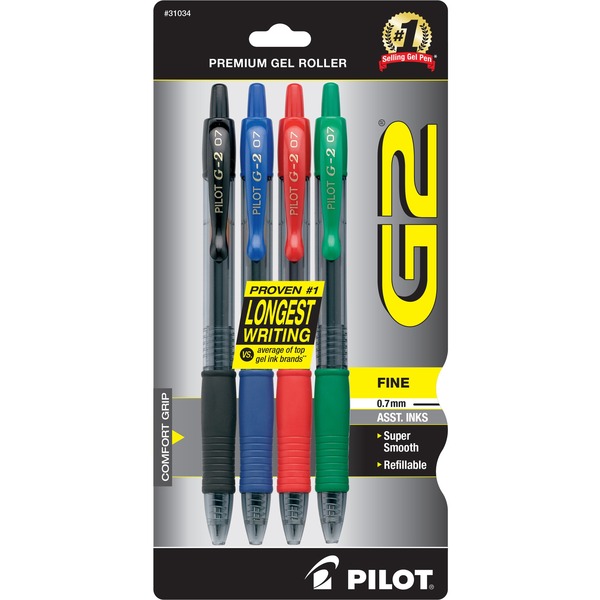 Pilot G2 Retractable Gel Ink Rollerball Pens - Fine Pen Point - 0.7 mm Pen Point Size - Refillable - Retractable - Assorted Gel-based Ink - 4 / Pack