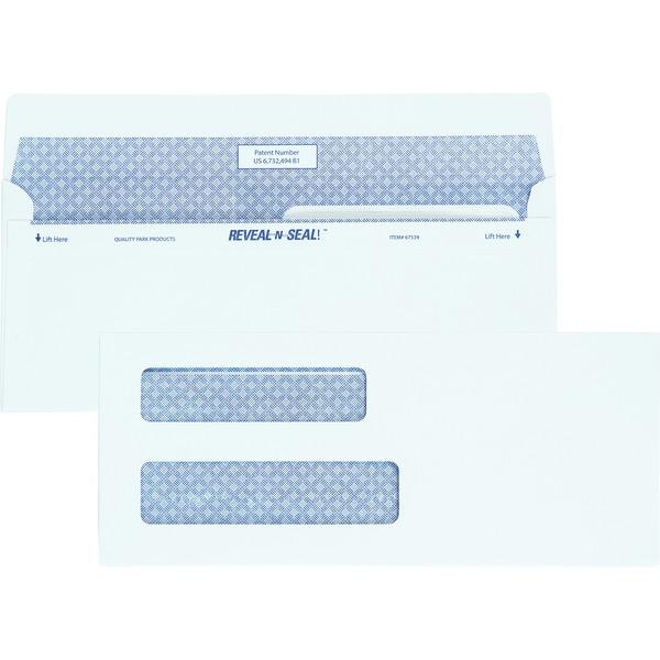 Quality Park No. 8 5/8 Double-Window Security Envelopes with Reveal-N-Seal® Self-Seal Closure - Double Window - #8 5/8 - 3 5/8" Width x 8 5/8" Length - 24 lb - Self-sealing - 500 / Box - White
