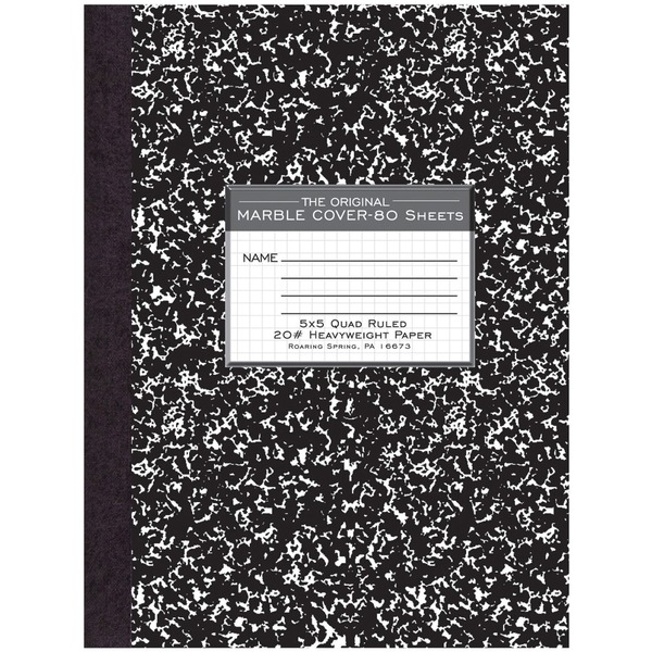 Roaring Spring Black Marble Composition Book - 80 Sheets - 160 Pages - Printed - Sewn/Tapebound - Both Side Ruling Surface - 20 lb Basis Weight - 10 1/4" x 7 7/8" - 0.50" x 7.9" x 10.3" - White Paper - Black Binding - Black Marble Marble Clay, White Cover - Hard Cover, Heavyweight, Durable Cover, Class Schedule - 1 Each