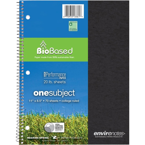 Roaring Spring Environotes College Ruled 1 Subject Recycled Spiral Notebook - 70 Sheets - 140 Pages - Printed - Spiral Bound - Both Side Ruling Surface - Ruled Red Margin - 3 Hole(s) - 20 lb Basis Weight - 75 g/m² Grammage - 11" x 8 1/2" - 0.38" x 8.5" x 11" - White Paper - Recycled - 1 Each