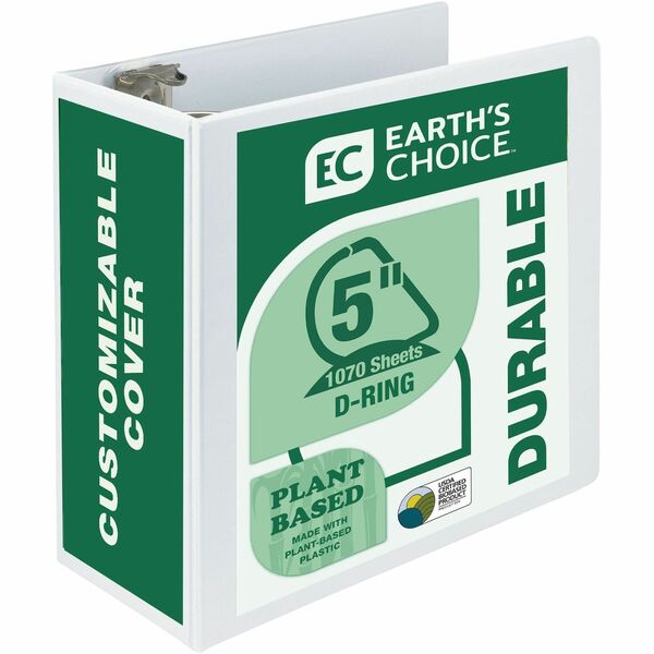 Samsill Earth's Choice Plant-based Durable View Binder - 5" Binder Capacity - Letter - 8 1/2" x 11" Sheet Size - 1070 Sheet Capacity - D-Ring Fastener(s) - 2 Pocket(s) - Plastic, Chipboard - White - 1.76 lb - Recycled - Archival-safe, Clear Overlay, Locking Ring, Reusable, Acid-free, PVC-free - 1 Each