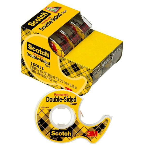 Scotch Double-Sided Tape - 20.83 ft Length x 0.50" Width - 1" Core - Dispenser Included - Handheld Dispenser - Long Lasting - For Attaching, Mounting - 3 / Pack - Clear