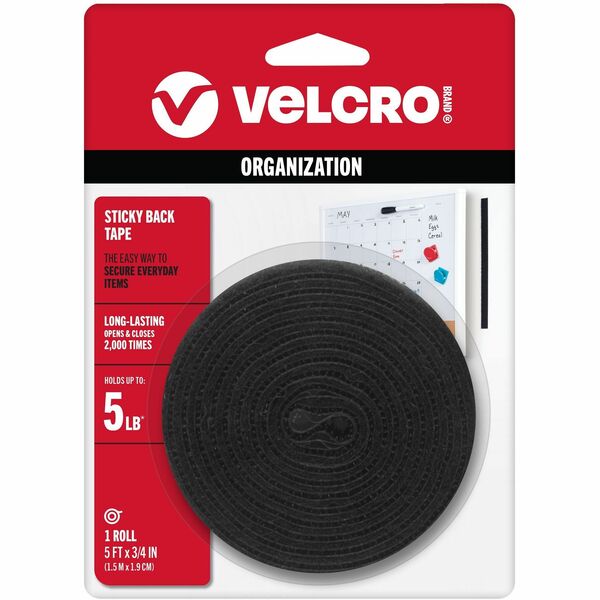 VELCRO® 90086 General Purpose Sticky Back - 5 ft Length x 0.75" Width - Dispenser Included - For Multipurpose - 1 Each - Black