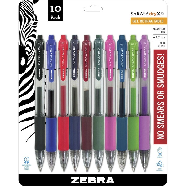 Zebra SARASA dry X20 Retractable Gel Pen - Medium Pen Point - Refillable - Retractable - Assorted Pigment-based Ink - Translucent Barrel - 10 / Set