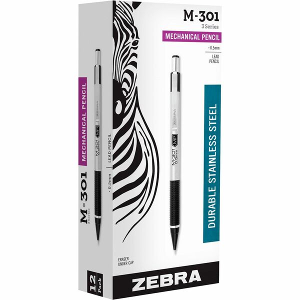 Zebra STEEL 3 Series M-301 Mechanical Pencil - 0.5 mm Lead Diameter - Refillable - Black Stainless Steel Barrel - 1 Dozen