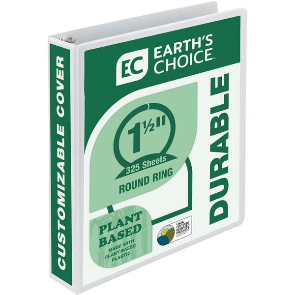 Samsill Earth's Choice Plant-based Durable View Binder - 1 1/2" Binder Capacity - Letter - 8 1/2" x 11" Sheet Size - 325 Sheet Capacity - 3 x Round Ring Fastener(s) - 2 Internal Pocket(s) - Chipboard, Plastic - White - 12.80 oz - Recycled - Customizable Spine/Cover, Acid-free, Clear Overlay, Archival-safe, Reusable, PVC-free - 1 Each