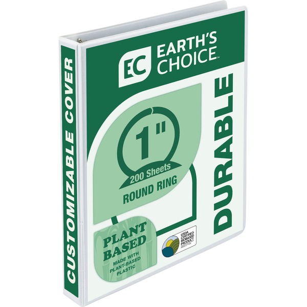 Samsill Earth's Choice Plant-based Durable View Binder - 1" Binder Capacity - Letter - 8 1/2" x 11" Sheet Size - 200 Sheet Capacity - 3 x Round Ring Fastener(s) - 2 Internal Pocket(s) - Plastic, Chipboard - White - 1.17 lb - Recycled - Customizable Spine/Cover, Acid-free, Clear Overlay, Archival-safe, Reusable, PVC-free - 1 Each