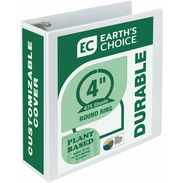 Samsill Earth's Choice Plant-based Durable View Binder - 4" Binder Capacity - Letter - 8 1/2" x 11" Sheet Size - 675 Sheet Capacity - 3 x Round Ring Fastener(s) - 2 Internal Pocket(s) - Chipboard, Plastic - White - 1.40 lb - Recycled - Acid-free, Clear Overlay, Archival-safe, Customizable Spine/Cover, Reusable, PVC-free - 1 Each