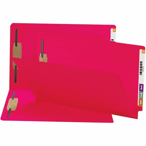 Smead Colored Straight Tab Cut Legal Recycled Fastener Folder - 8 1/2" x 14" - 3/4" Expansion - 2 x 2B Fastener(s) - 2" Fastener Capacity for Folder - End Tab Location - Red - 10% Recycled - 50 / Box