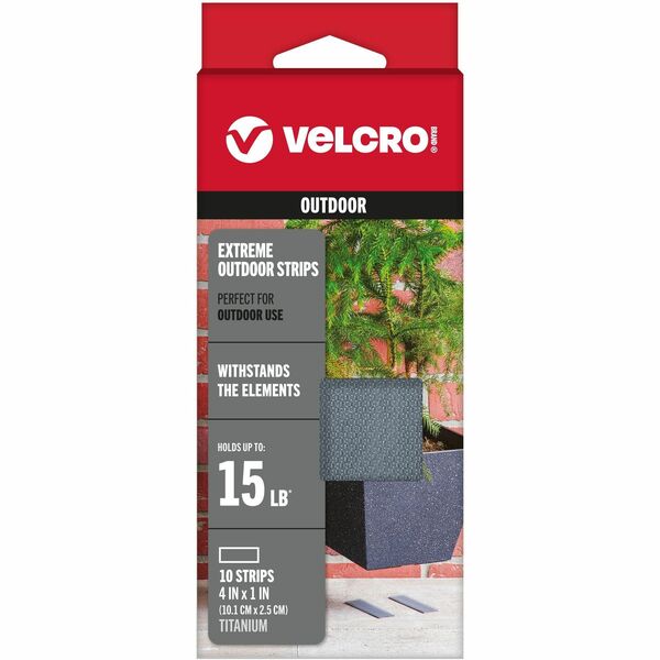 VELCRO® Extreme Outdoor Tape Strips - 4" Length x 1" Width - Polyester - Water Resistant, UV Resistant - For Brick, Wood, Concrete - 10 / Carton - Gray, Titanium