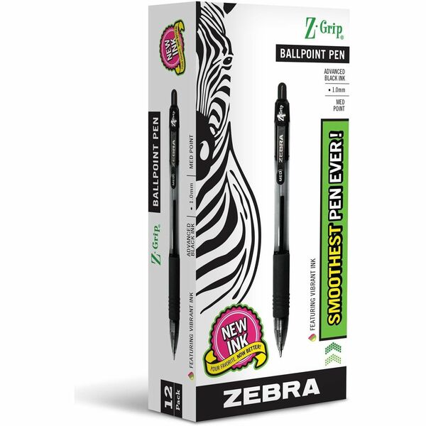 Zebra Z-Grip Retractable Ballpoint Pens - Medium Pen Point - 1 mm Pen Point Size - Retractable - Black - Black Barrel - 1 / Dozen