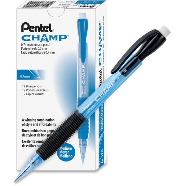 Pentel Champ Mechanical Pencils - #2 Lead - 0.7 mm Lead Diameter - Refillable - Blue Barrel - 1 Dozen