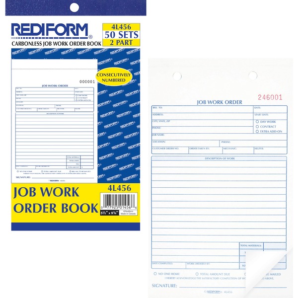 Rediform 2-part Job Work Order Book - 50 Sheet(s) - 2 PartCarbonless Copy - 5.50" x 8.50" Sheet Size - Assorted Sheet(s) - Blue, Red Print Color - 1 Each