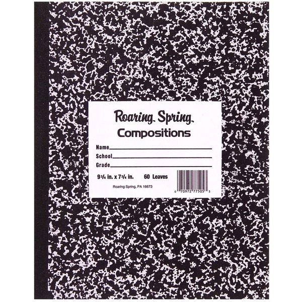 Roaring Spring Black Cover Flexcomp 10"x8" WM - 60 Sheets - 120 Pages - Printed - Sewn/Tapebound - Both Side Ruling Surface - Wide Ruled - Red Margin - 15 lb Basis Weight - 8" x 10" - 0.33" x 8" x 10.5" - White Paper - Black Binding - Black Marble Marble, White Cover - 1 Each
