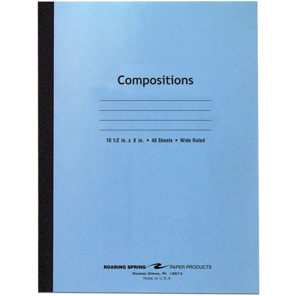 Roaring Spring Wide Ruled Flexible Cover Composition Book - 48 Sheets - 96 Pages - Printed - Sewn/Tapebound - Both Side Ruling Surface - Red Margin - 15 lb Basis Weight - 56 g/m² Grammage - 10 1/2" x 8" - 0.25" x 8" x 10.5" - White Paper - Black Binding - 1 Each