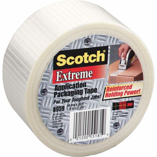 Scotch Extreme Application Packaging Tape - 54.60 yd Length x 2" Width - 5.7 mil Thickness - 3" Core - Synthetic Rubber - Glass Yarn Backing - Handheld Dispenser - Abrasion Resistant, Moisture Resistant, Scuff Resistant - For Shipping, Packing - 1 / Roll - Clear