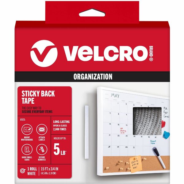 VELCRO® 90082 General Purpose Sticky Back - 15 ft Length x 0.75" Width - For Mount Picture/Poster, Multi Surface - 1 / Each - White