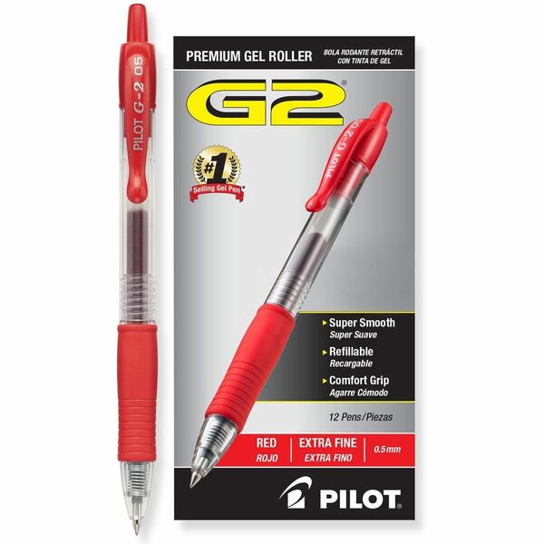 Pilot G2 Gel Ink Rolling Ball Pen - Extra Fine Pen Point - 0.5 mm Pen Point Size - Refillable - Retractable - Red Gel-based Ink - 1 Dozen