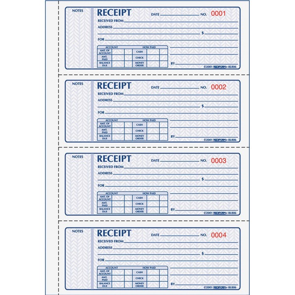 Rediform Money Receipt 4 Per Page Collection Forms - 400 Sheet(s) - 2 PartCarbonless Copy - 7" x 2.75" Sheet Size - White, Yellow - Black Print Color - 1 Each