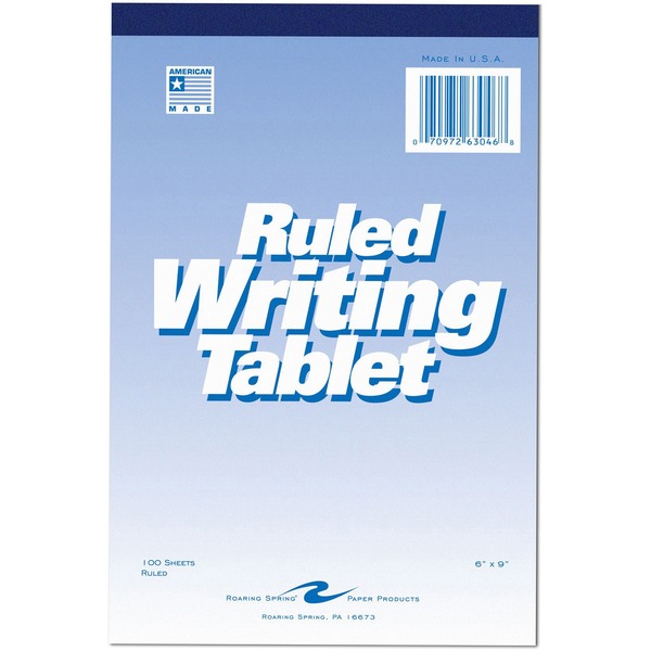 Roaring Spring Ruled Writing Tablets - 100 Sheets - Glued/Tapebound - 15 lb Basis Weight - 6" x 9" - White Paper - WhiteChipboard Cover - Chipboard Backing - 1 Each