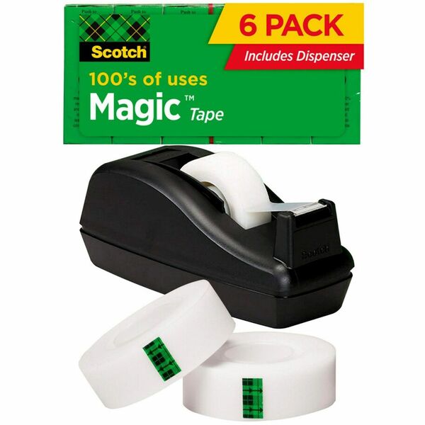 Scotch 3/4"W Magic Tape - 27.78 yd Length x 0.75" Width - 1" Core - Dispenser Included - Desktop Dispenser - Split Resistant, Tear Resistant - For Mending, Splicing - 6 / Pack - Matte - Clear