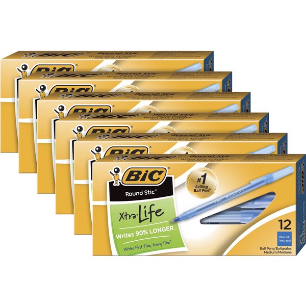 BIC Round Stic Ballpoint Pens - Medium Pen Point - Blue - Blue Barrel - 72 / Bundle