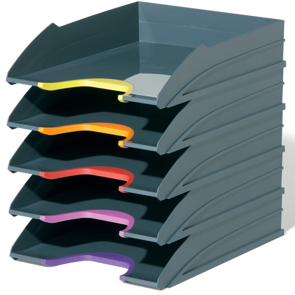 DURABLE® VARICOLOR® Stackable 5 Letter Trays - 10-1/2" W x 13-1/4" H x 13-1/4" HD- Color Labeled - Multi / Charcoal - Set of 5