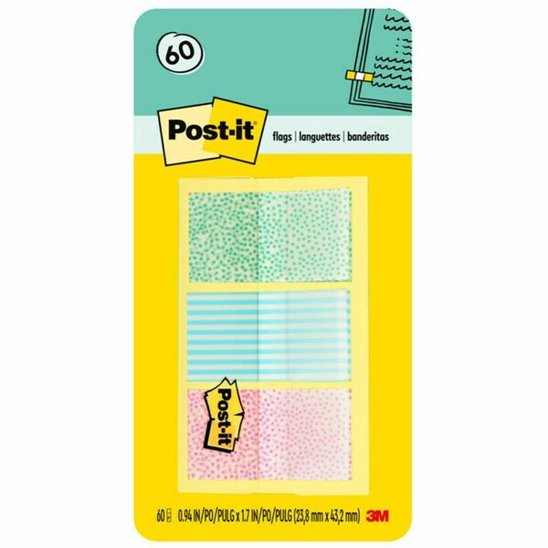 Post-it® Printed Flags - 60 x Assorted Pastel - 1" x 1 3/4" - 30 Sheets per Pad - Green, Blue, Pink - Self-adhesive, Sticky, Removable, Writable - 60 / Pack