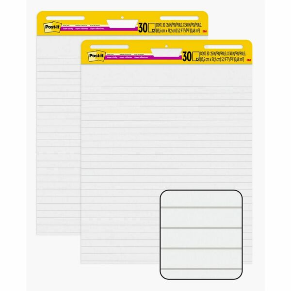 Post-it® Super Sticky Easel Pad - 30 Sheets - Ruled25" x 30" - Self-stick, Resist Bleed-through, Handle, Sturdy Backcard, Universal Slot, Repositionable, Adhesive Backing - 2 / Pack