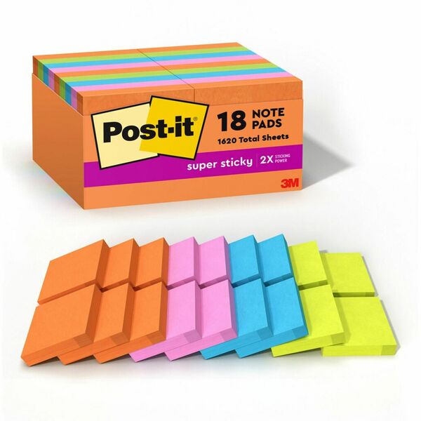 Post-it® Super Sticky Notes - Energy Boost Color Collection - 2" x 2" - Square - 90 Sheets per Pad - Multicolor - Paper - Super Sticky, Adhesive, Recyclable, Residue-free - 1620 / Pack
