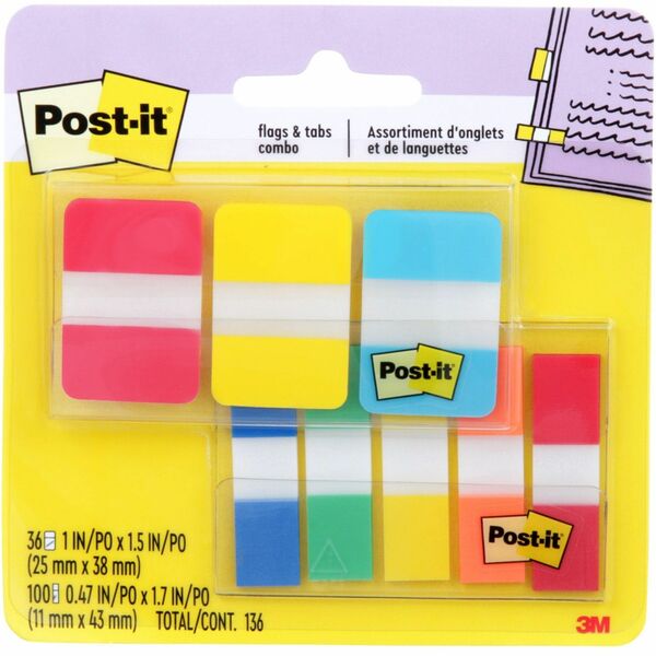 Post-it® Tabs and Flags Combo Pack - Red, Yellow, Blue, Green, Orange - Sticky, Adhesive - 136 / Pack