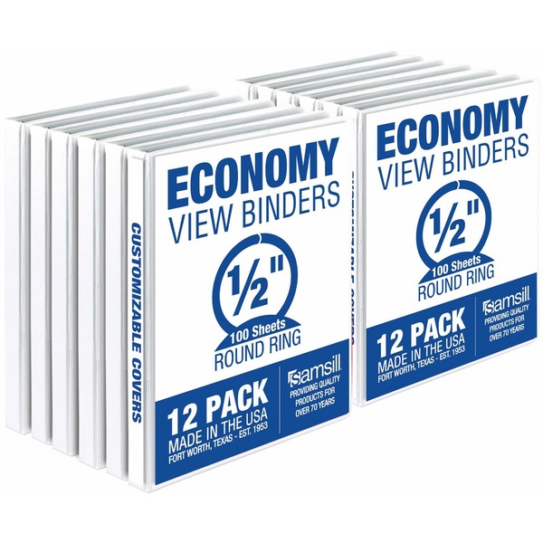 Samsill Economy 0.5 Inch 3 Ring Binder, Made in the USA, Round Ring Binder, Non-Stick Customizable Cover, White, 12 Pack (I08517C) - 1/2" Binder Capacity - Letter - 8 1/2" x 11" Sheet Size - 100 Sheet Capacity - 3 x Round Ring Fastener(s) - 2 Internal Pocket(s) - Polypropylene, Chipboard, Plastic - White - Recycled - Customizable Spine/Cover, Clear Overlay - 12 / Carton