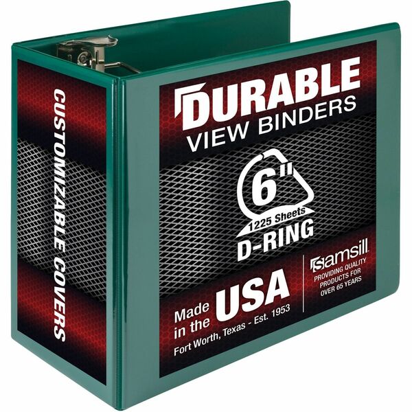 Samsill Nonstick 6" Locking D-Ring View Binder - 6" Binder Capacity - 1225 Sheet Capacity - 3 x D-Ring Fastener(s) - 2 Internal Pocket(s) - Green - 2.73 lb - Recycled - Lockable, Non-stick, Concealed Rivet, Ink-transfer Resistant, Clear Overlay, Non-glare, Locking Ring - 1 Each