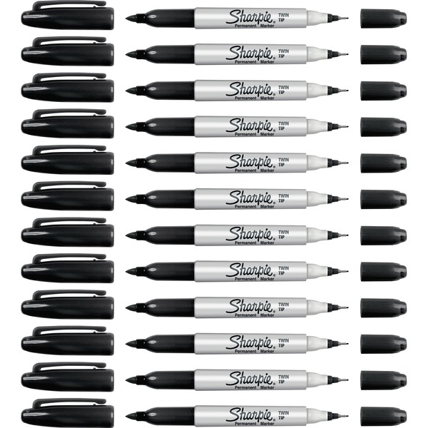 Sharpie Twin Tip Permanent Markers - Ultra Fine, Fine Marker Point - Black Alcohol Based Ink - 12 / Box